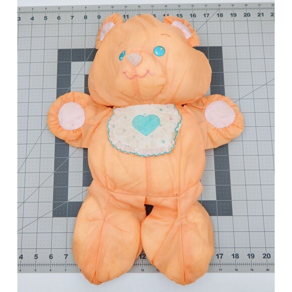 Vintage Fisher Price Puffalump Teddy Bear 1370 Peach Orange Plush Heart Bib 1989 - Picture 1 of 8